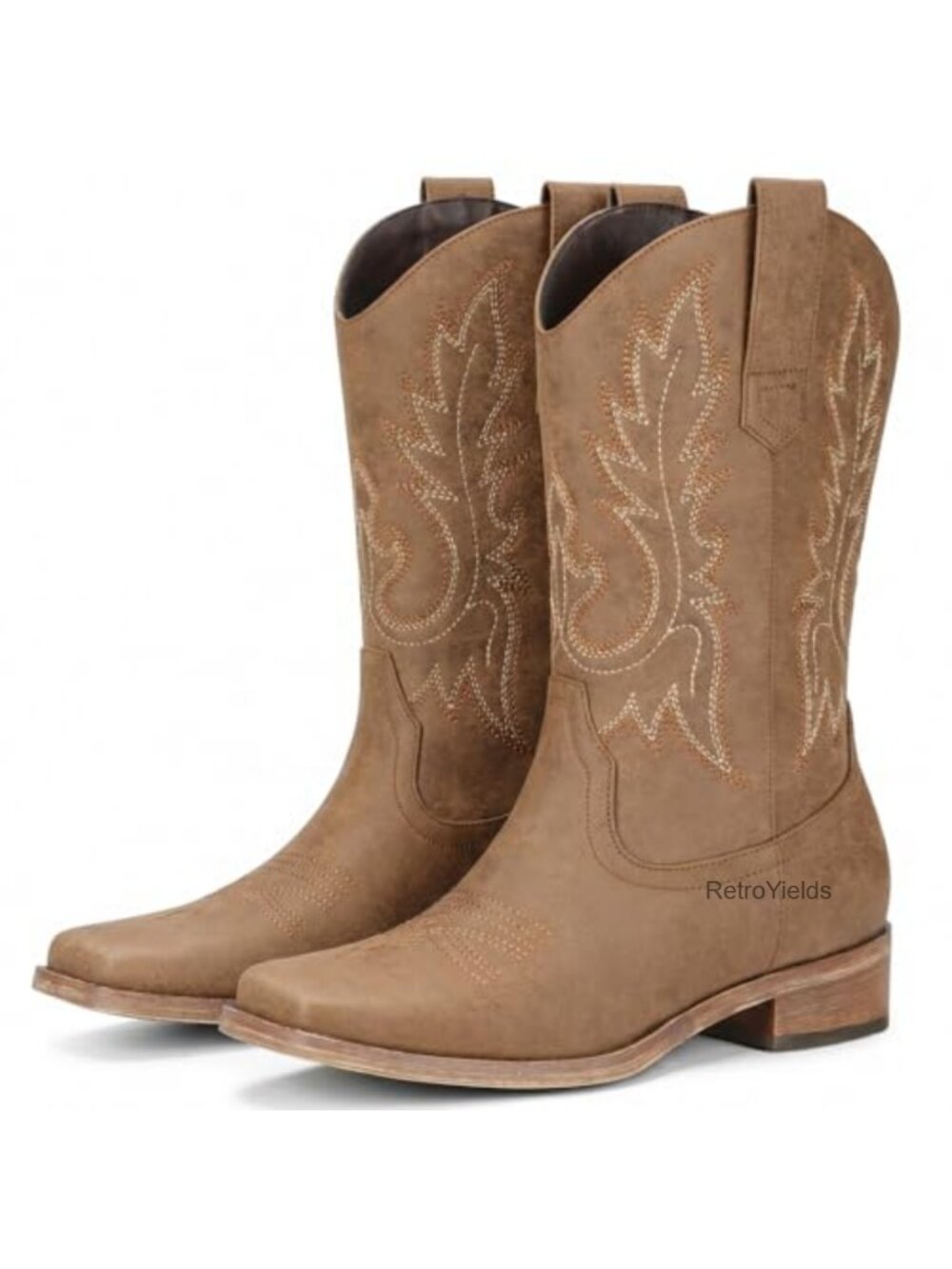 Square Toe Mid Calf Western Cowboy Boots Faux Leather Pull On